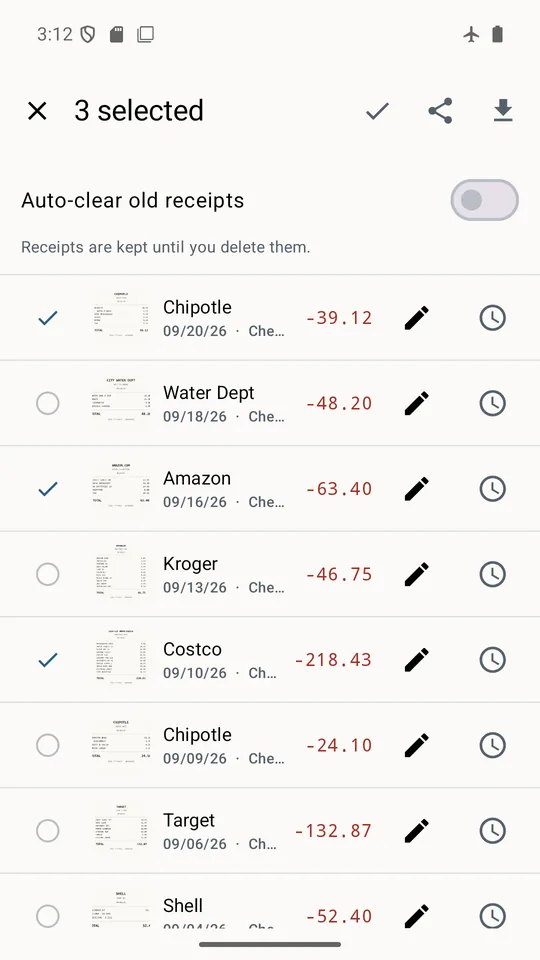 A list of receipts with three selected for sharing