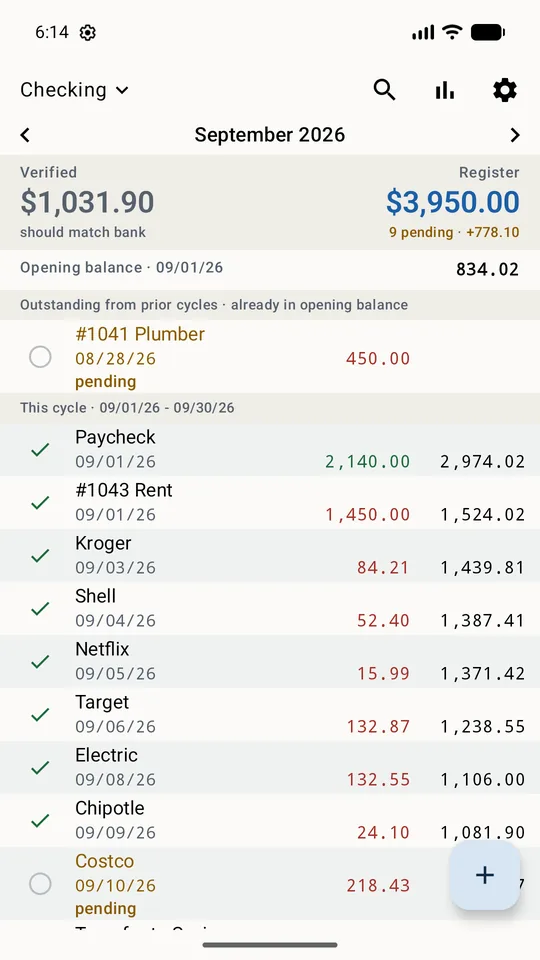 The Cleared register for a checking account, showing verified and register balances above a list of entries