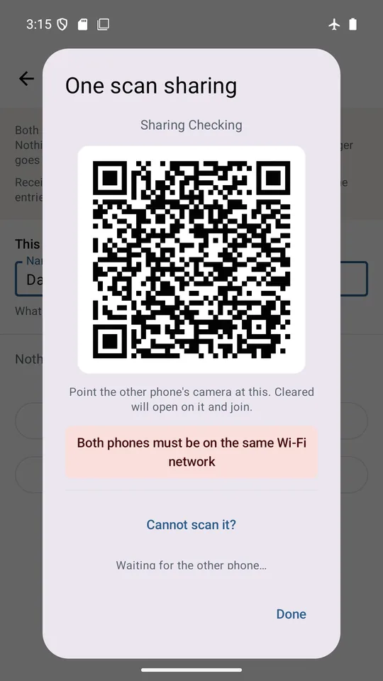 A QR code for pairing a second phone to a shared account