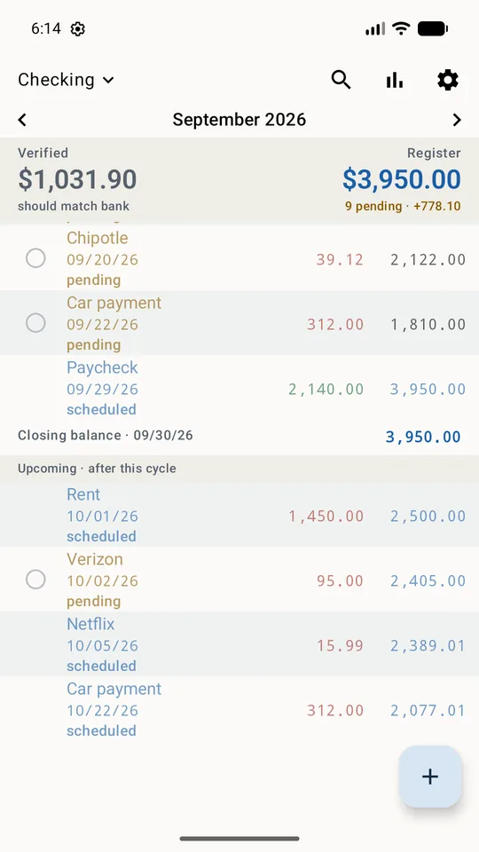 Scheduled entries in blue counting forward into next month